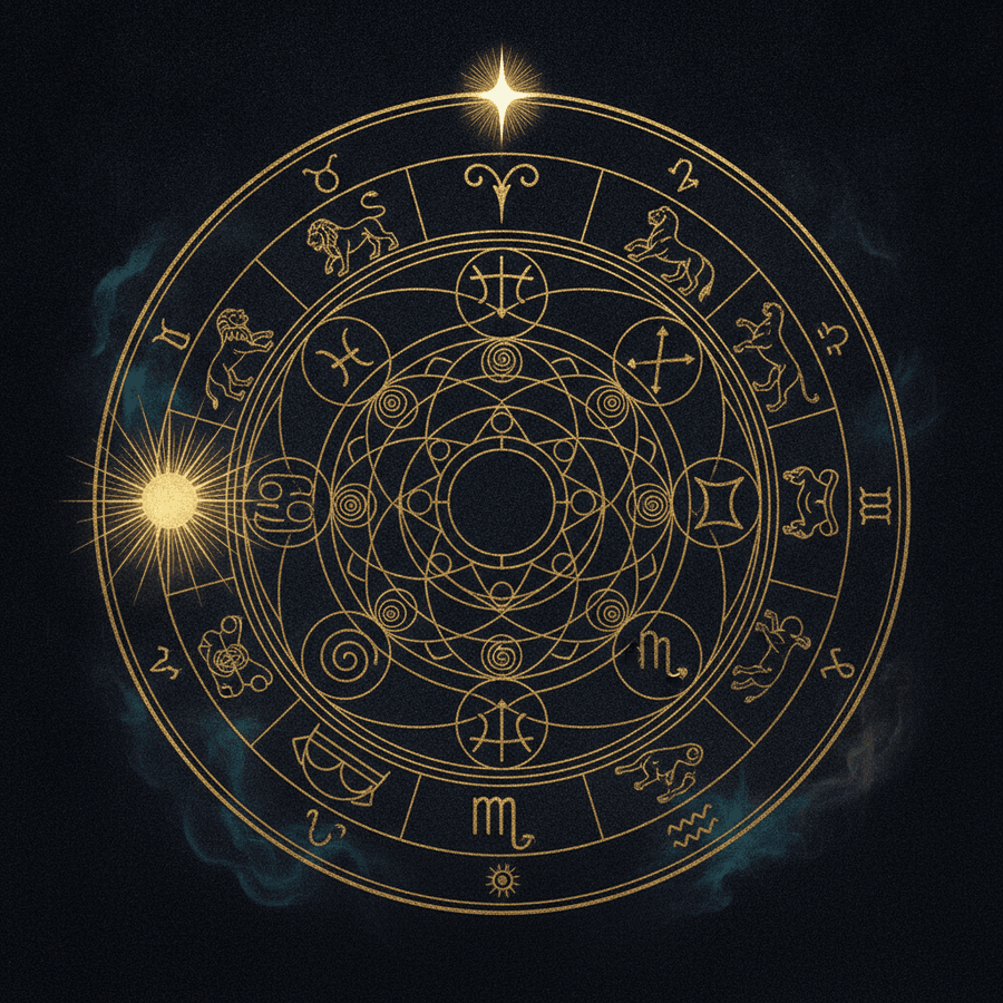 A celestial plate drawn from Ari's chart, in gold constellation-light