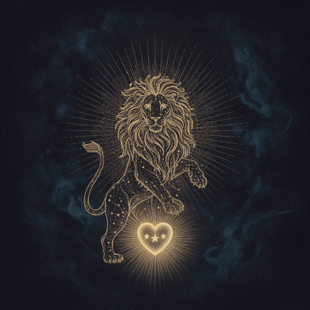A celestial lion of gold constellation-light over a glowing heart